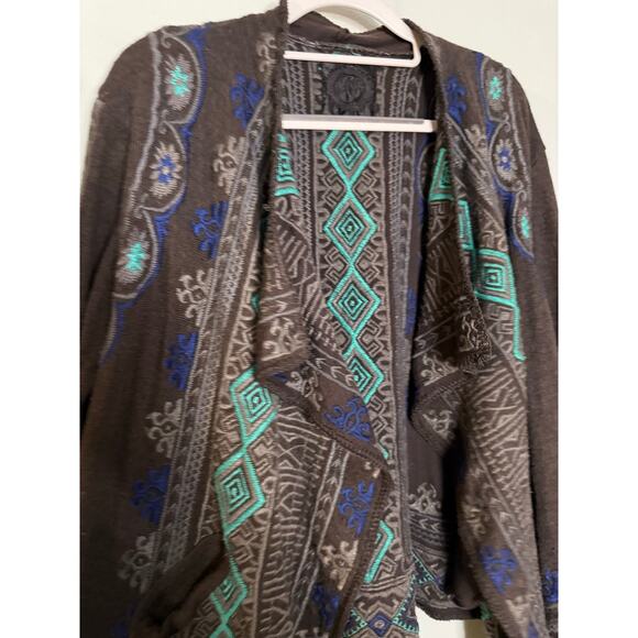 Biya Johnny Was black blue embroidered drapery Aztec print cardigan sweater - Picture 7 of 8